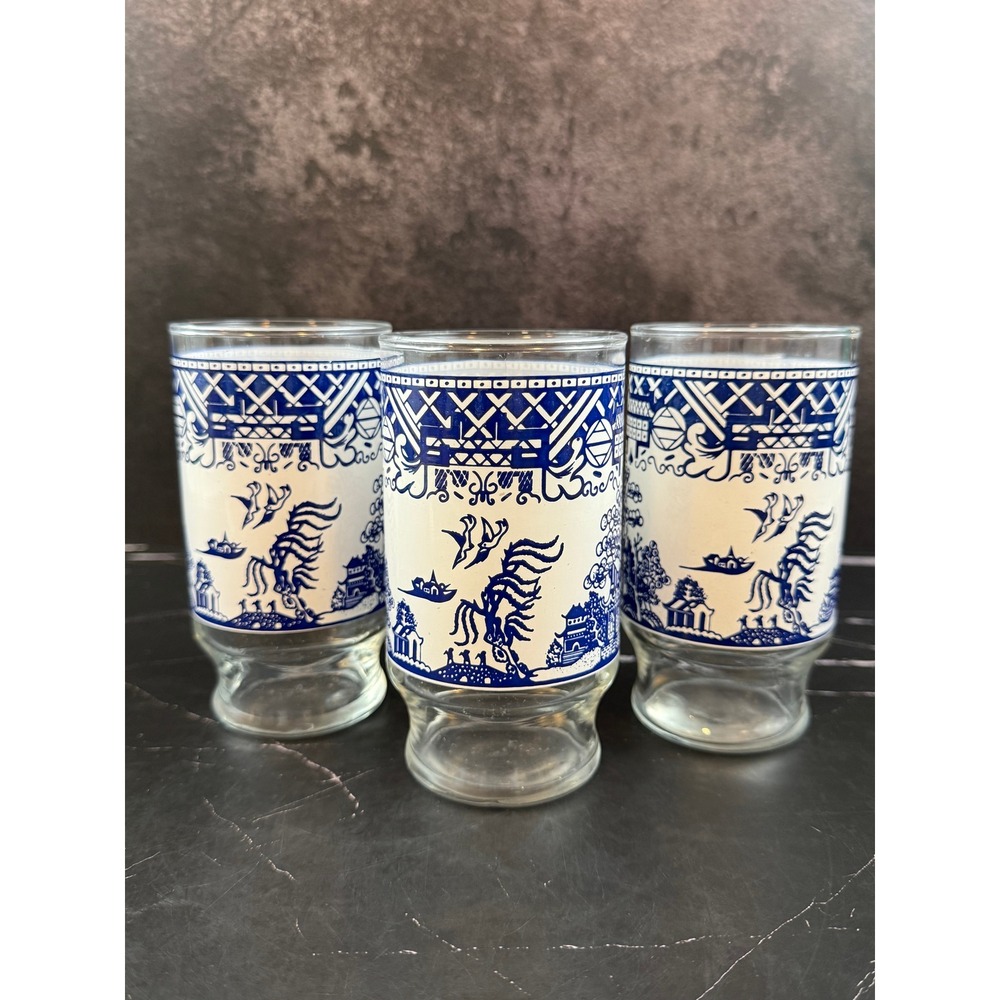 VTG Set of 3 Blue Willow Iced Tea Glasses Chinoiserie 5.25in Heritage Mint